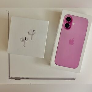 LOT of BOX ONLY Apple 13 inch MacBook Air M4 Chip, Air Pods Pro, iPhone 16 Pink
